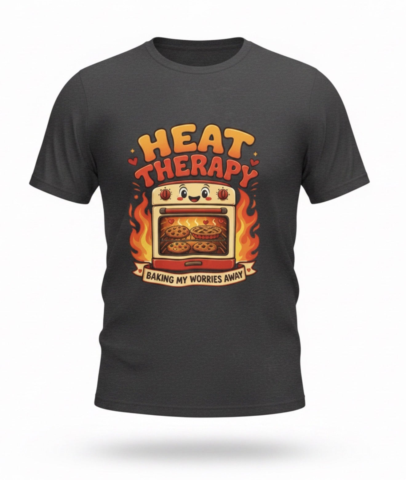 Heat Therapy T‑Shirt — "Baking My Worries Away" Cute Oven Graphic Tee