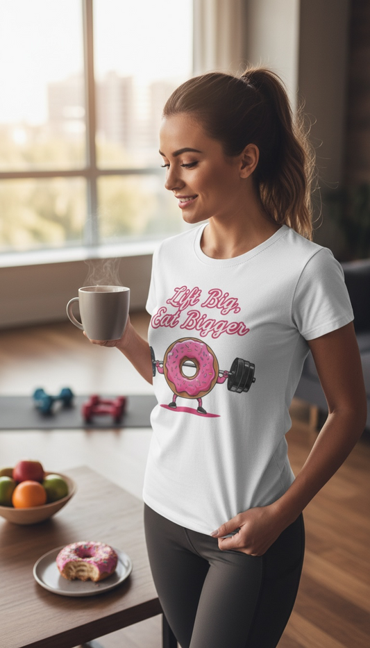 Lift Big Eat Bigger Tee — Funny Donut Weightlifting Gym Shirt